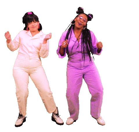 Two friends dancing in front of a LensShare backdrop.