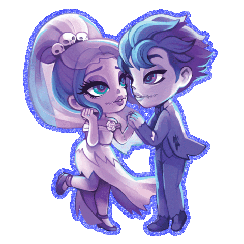 Male and female animated characters holding each other